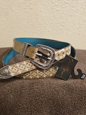 Western-Inspired Tan Patterned Belt with Silver Buckle
